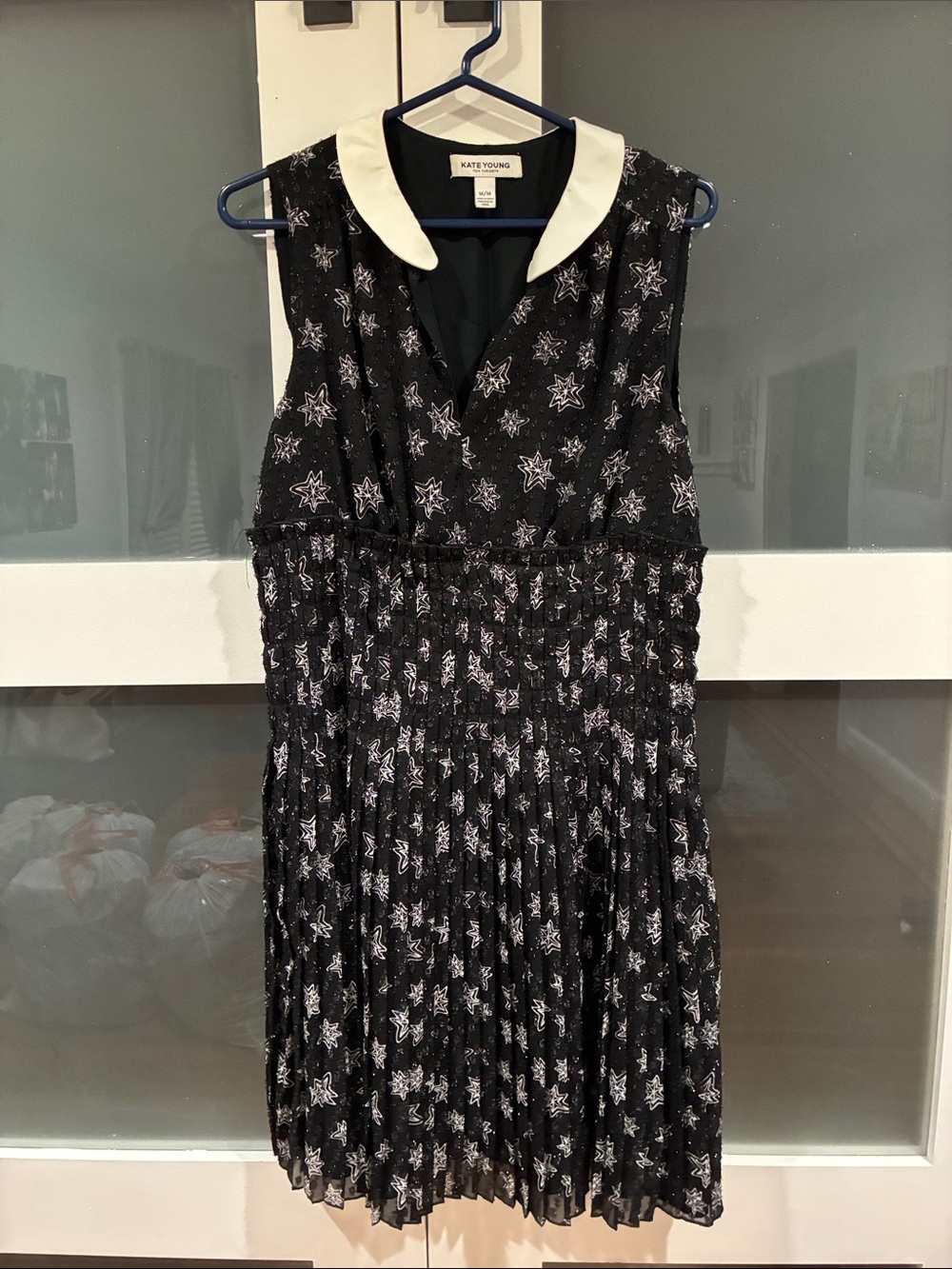 Kate Young Black Star-Print Pleated Mini Dress with White Collar